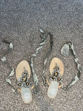 LUCKY PENNY Vintage Gray/Olive Green Lace-Up Beaded Slide Sandals